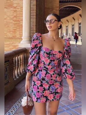 Zara Floral Puff Sleeve Belted Mini Dress Blogger Favorite Garden Party Size S